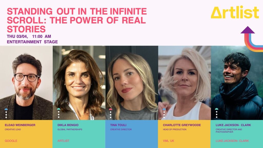 Promotional banner for an Artlist entertainment stage panel at Advertising Week Europe with creative leaders discussing storytelling strategies for content creators, video creators, and users of royalty-free music, stock footage, and video editing software.