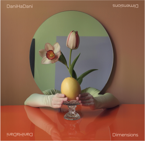 A vase with simple flowers, held by hands coming from either side of a mirror.