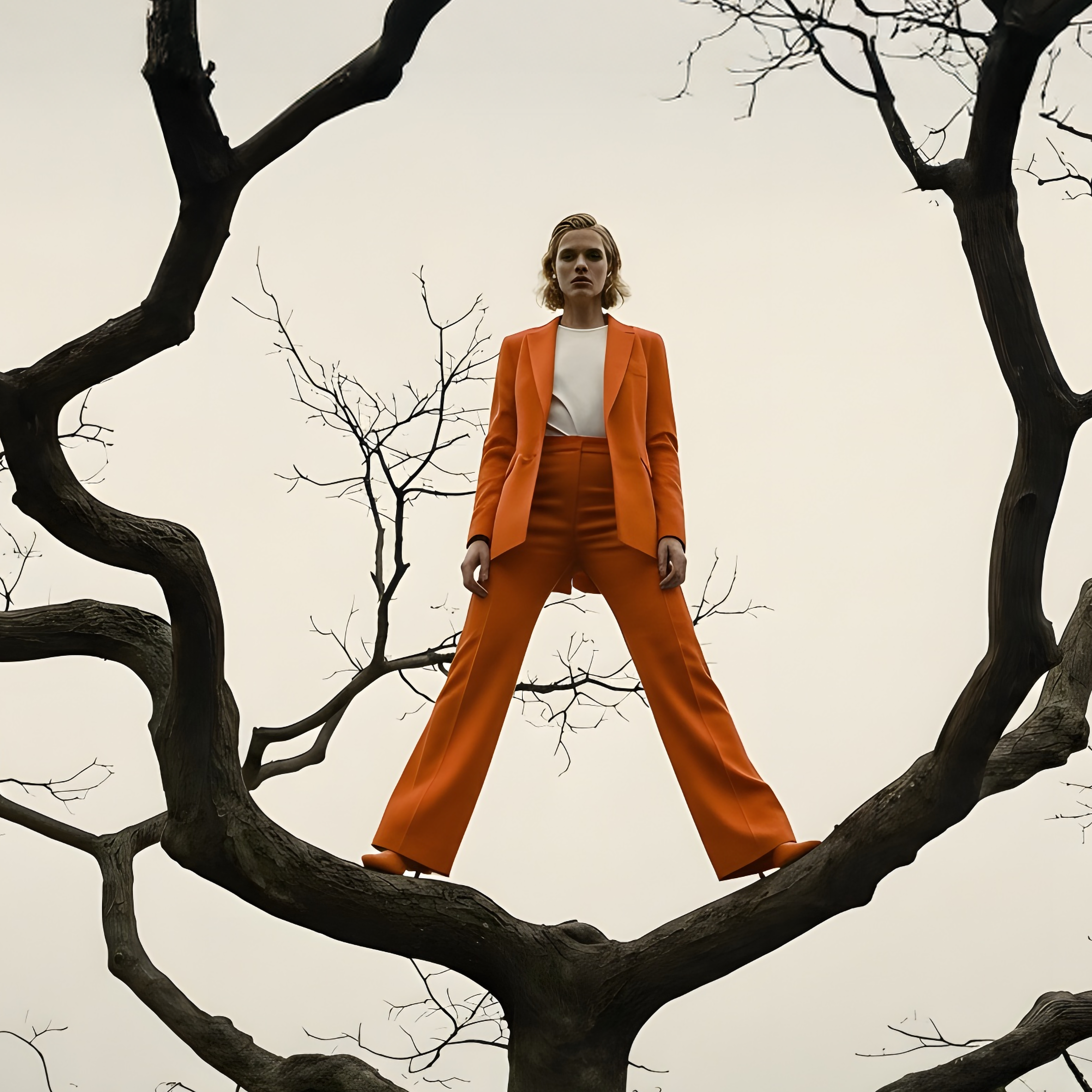 A woman stands on a tree branch, wearing an orange suit, looking towards the camera.